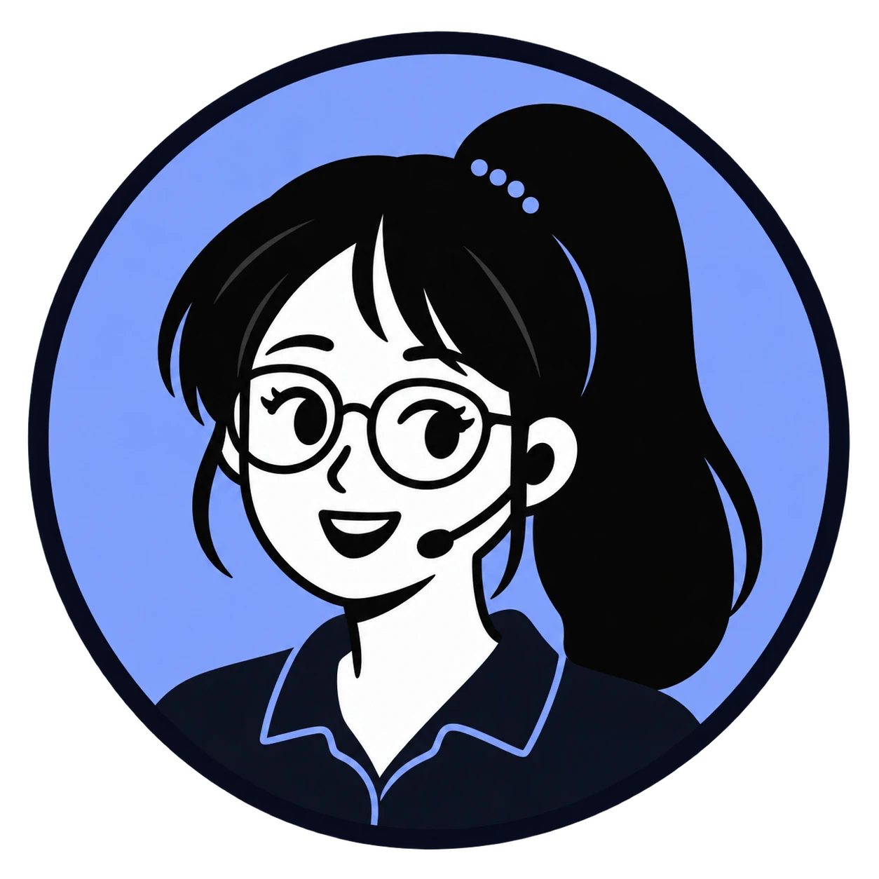 Illustration of Grace, smiling, with round glasses, a high ponytail and a phone headset